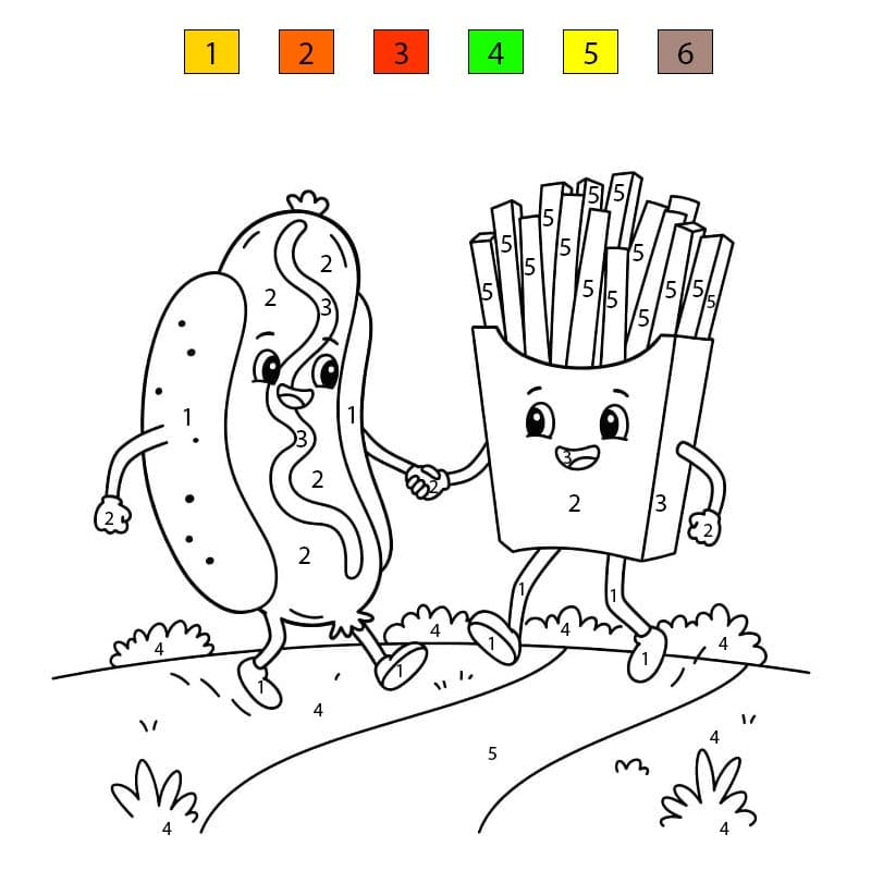 Cartoon Hot Dog and Fries Color By Number