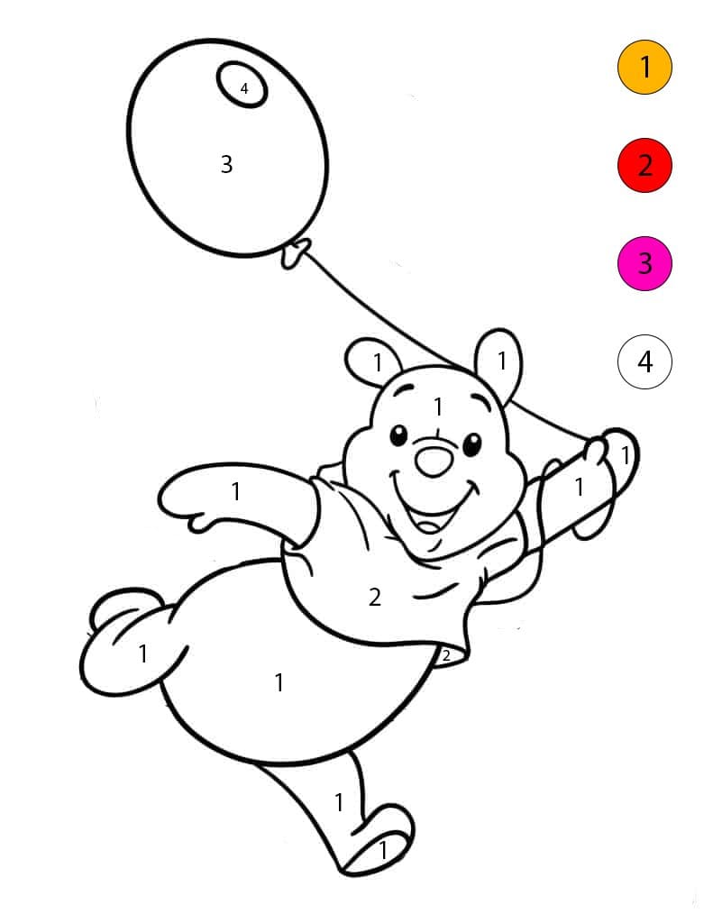 Pooh Playing In Field With Balloon Color By Number