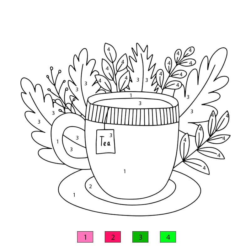 Drawing Tea Cup With Leaves Color By Number