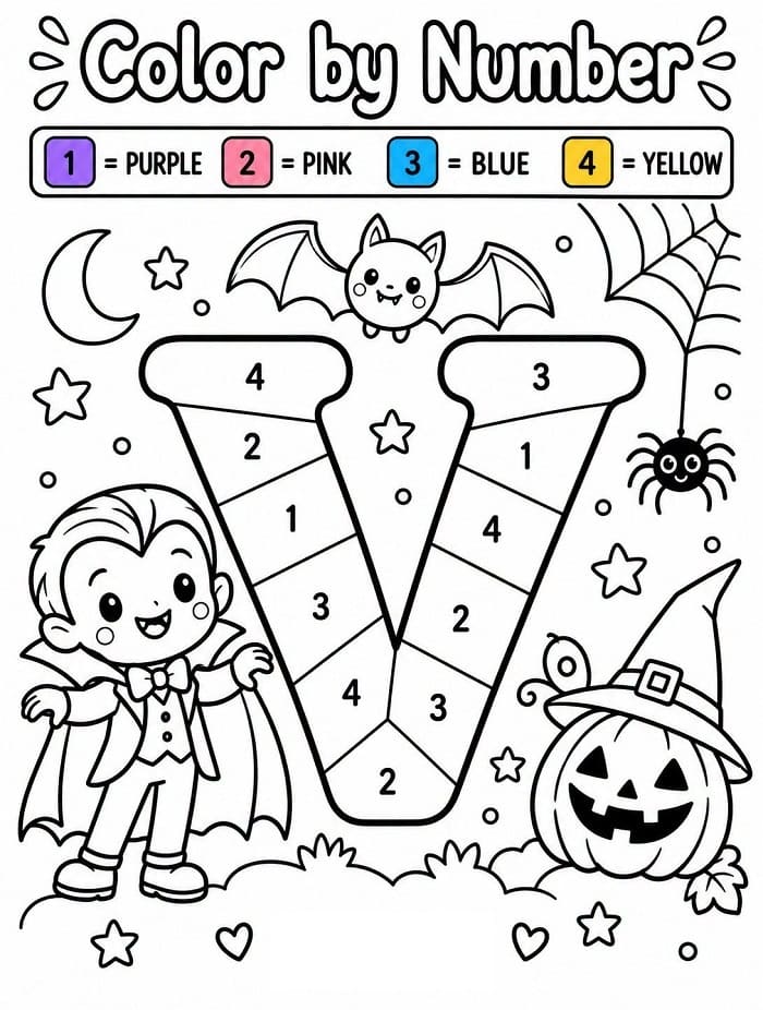 Halloween Alphabet Letter V Color By Number