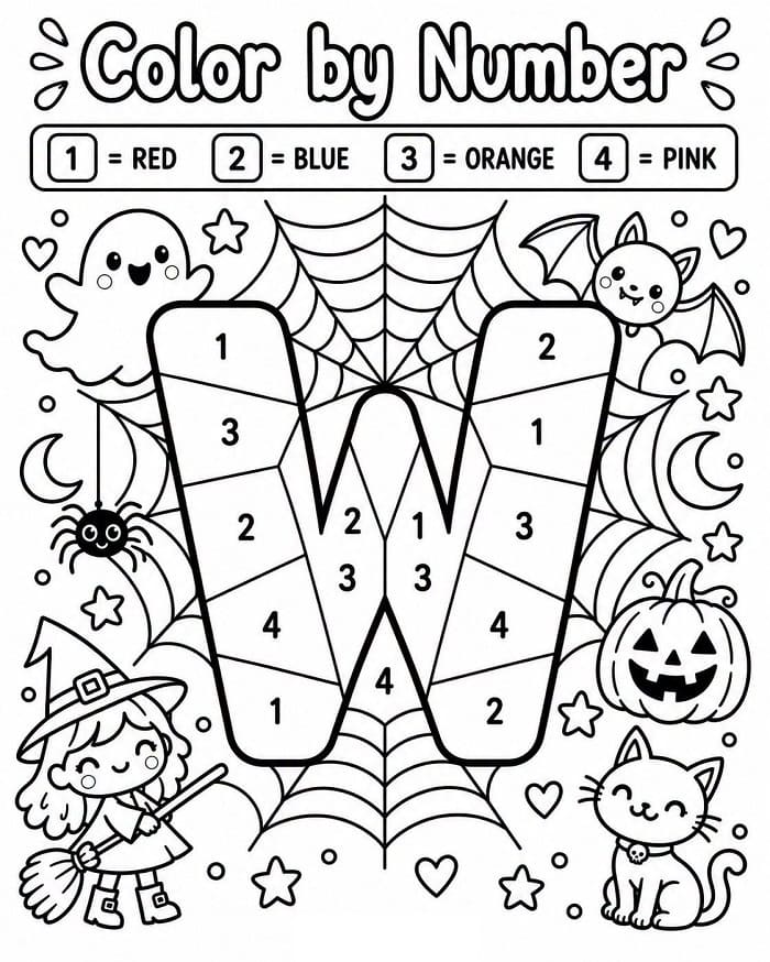 Halloween Alphabet Letter W Color By Number